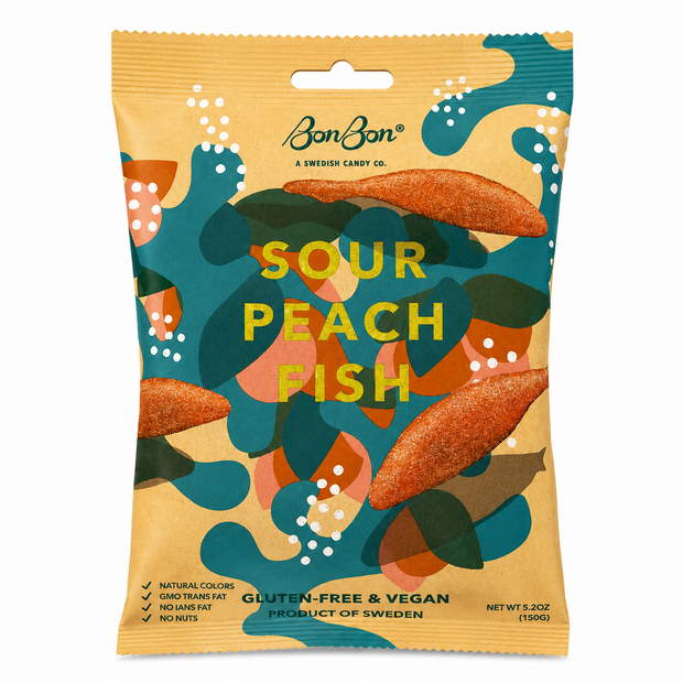 BonBon Sour Peach Fish vegan Swedish candy 150g front