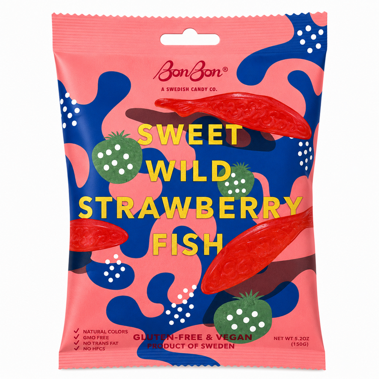 BonBon Sweet Wild Strawberry Fish vegan Swedish candy 150g front
