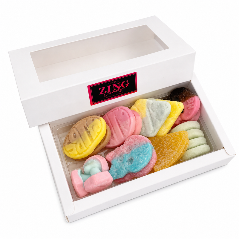 Swedish Candy Flight Gift Box open with assorted Swedish candy