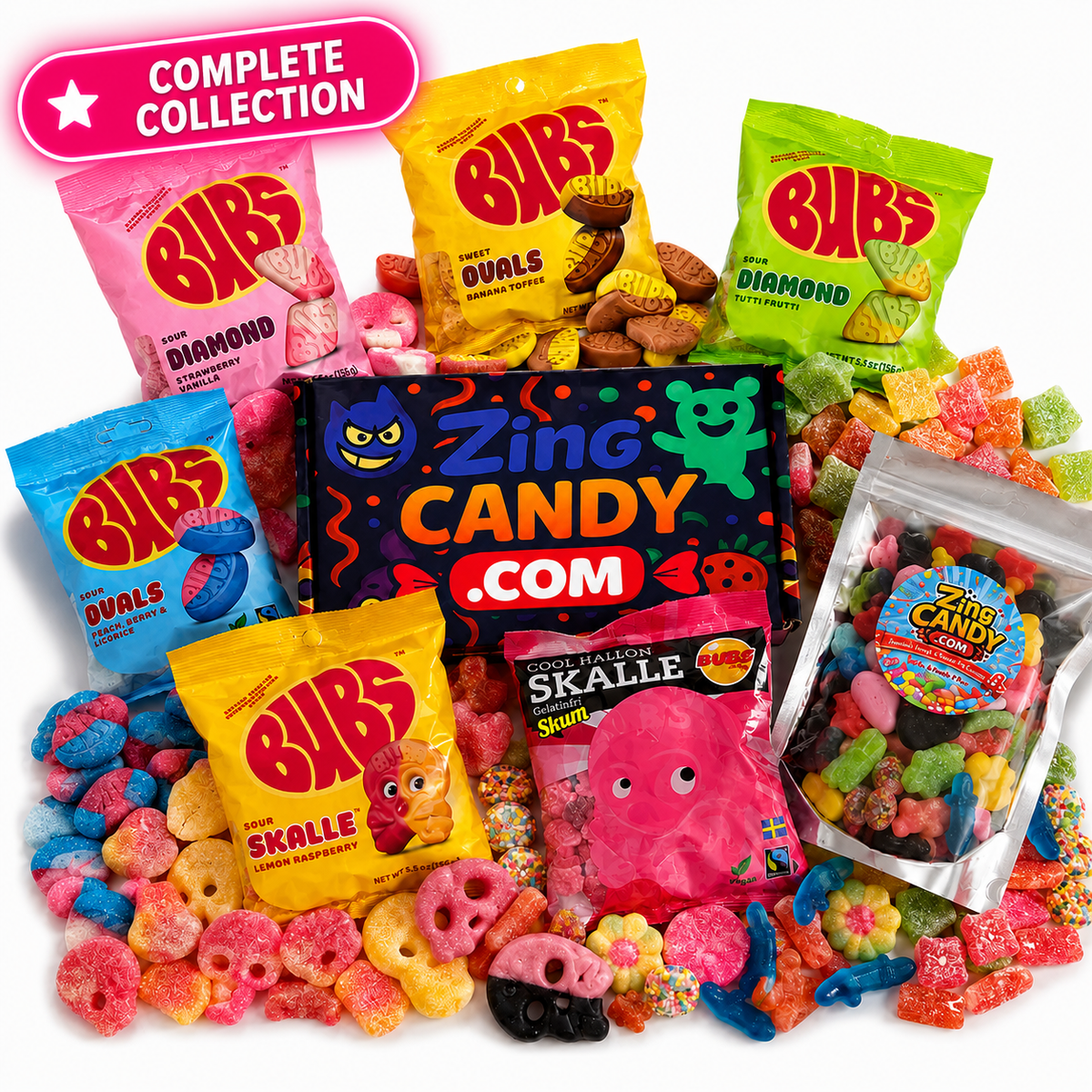Swedish Candy Reserve Box with six sealed Swedish candy bags and an assorted candy mix