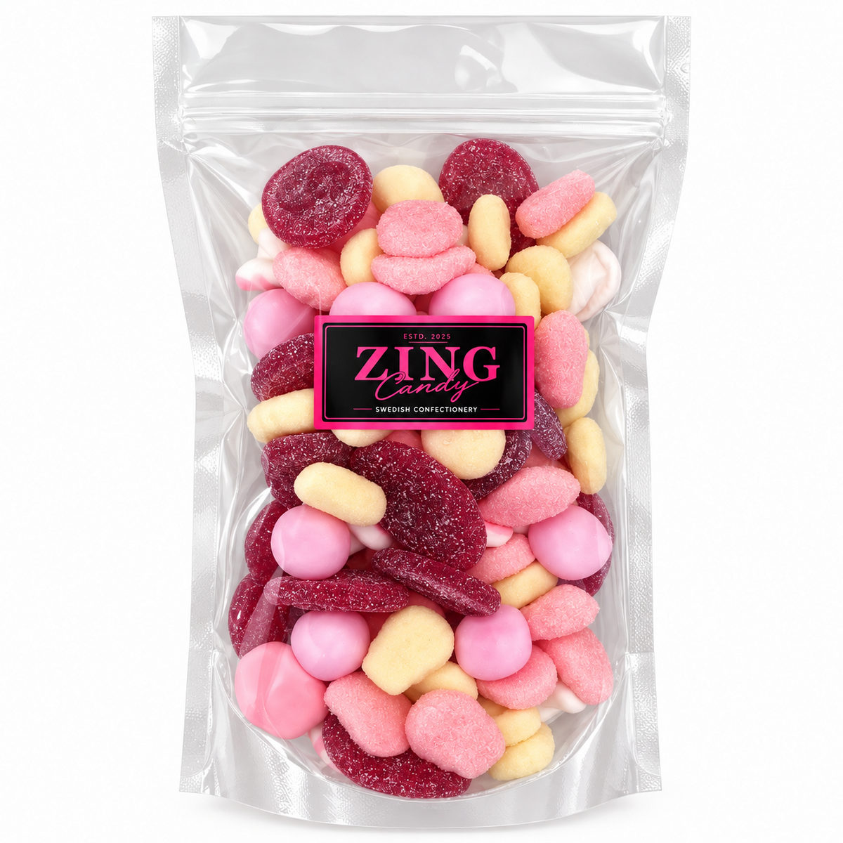 Berry Blush Swedish candy mix in a ZingCandy resealable bag
