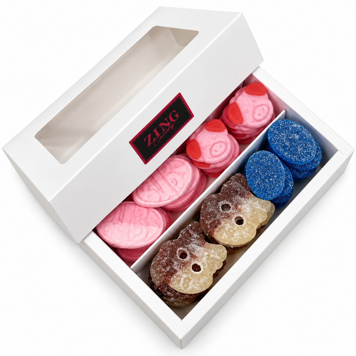 Berry and Sour Candy Gift Box open with wild berry, fruity foam, cola and blue raspberry candies