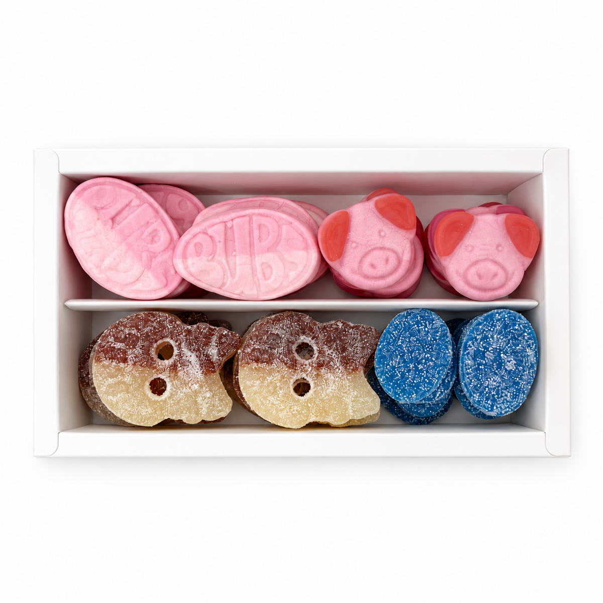 Overhead view of Berry and Sour candy gift box with four Pick and Mix favourites