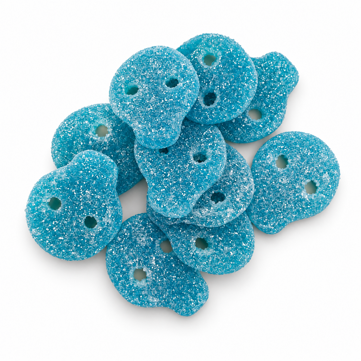 Blue Raspberry Skulls blue sugar coated gummy candies on white