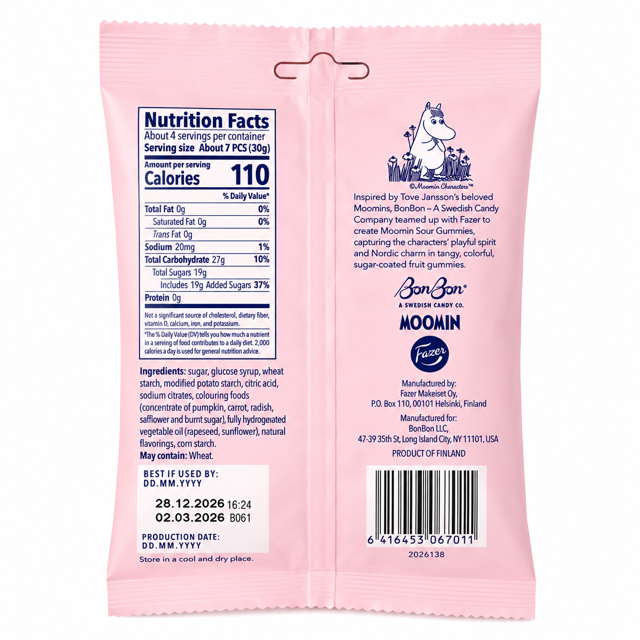 BonBon Moomin sour candy gummies 115g ingredients and nutrition