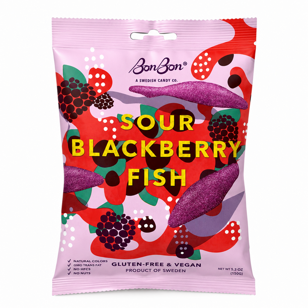 BonBon Sour Blackberry Fish vegan gummy candy 150g front