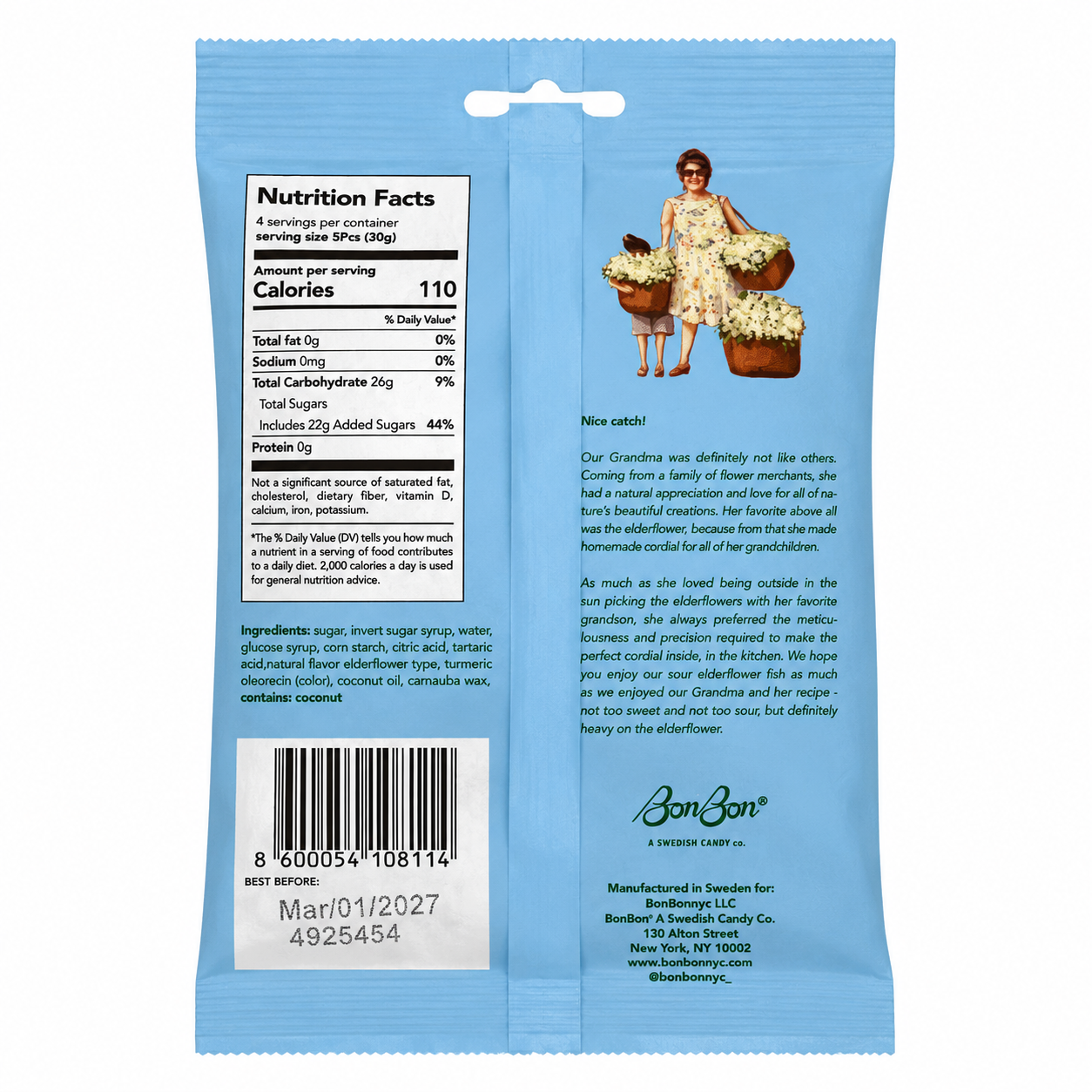 BonBon Sour Elderflower Fish 150g ingredients and nutrition