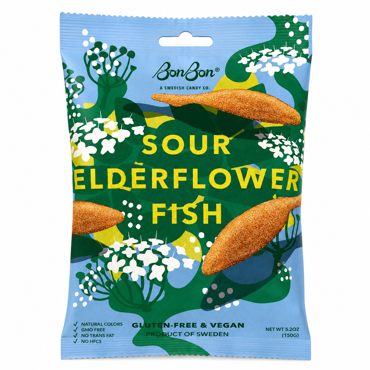 BonBon Sour Elderflower Fish vegan Swedish candy 150g front