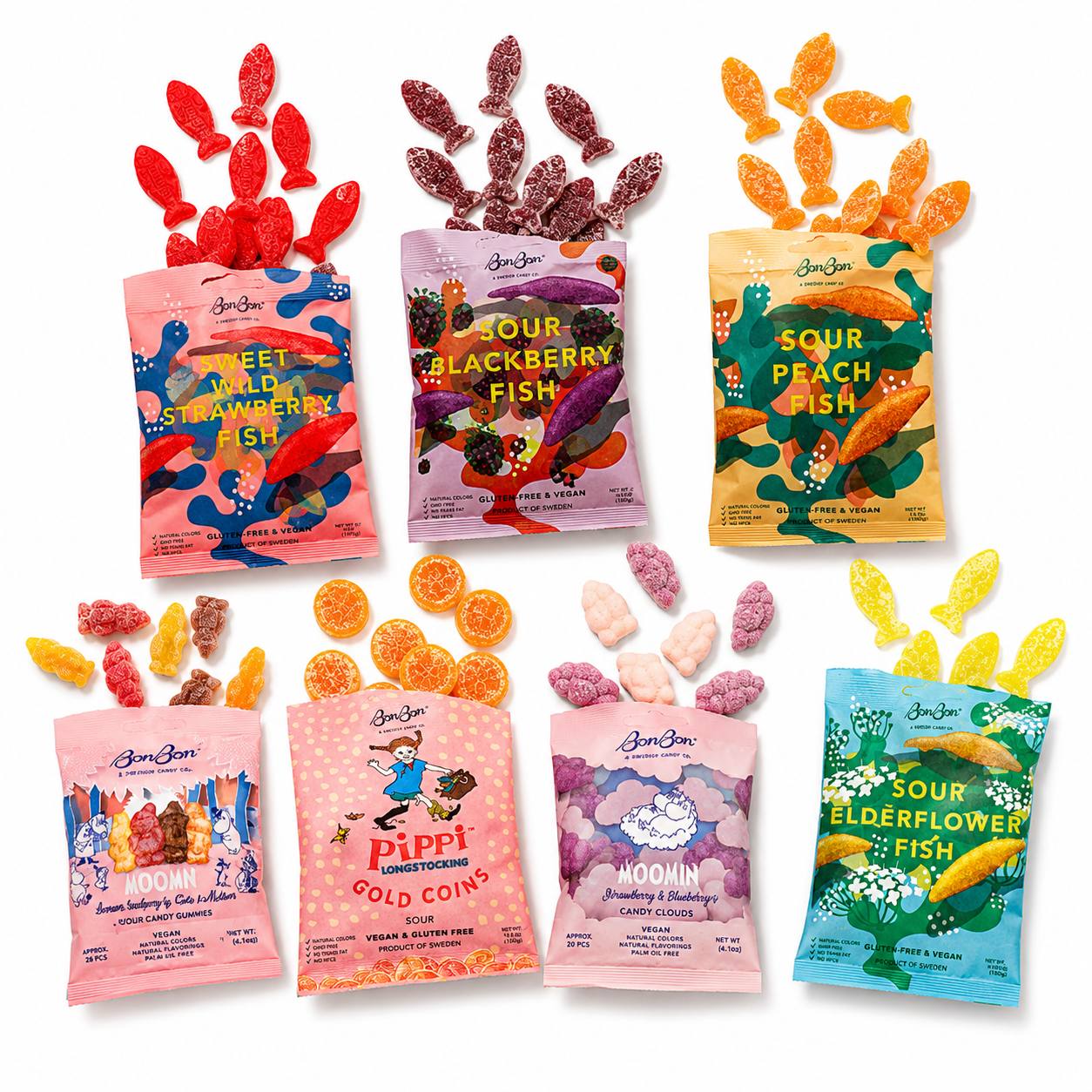BonBon Swedish candy flavours including strawberry, blackberry, peach, elderflower and Moomin gummies