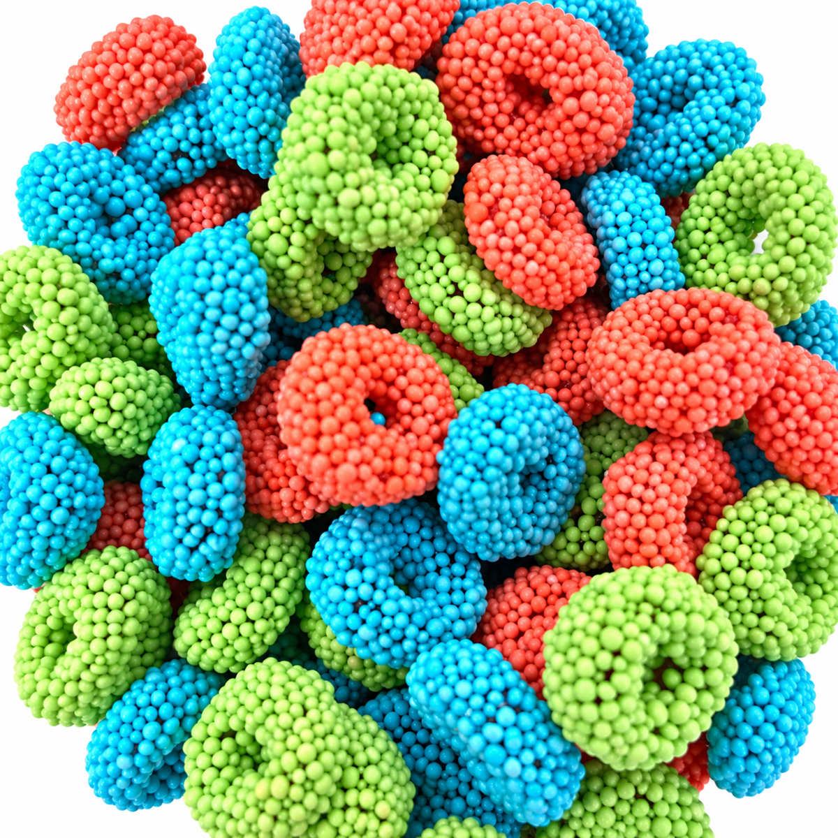 Cosmic Crunch Rings colourful gummy rings with crunchy blue green and pink candy coating on white background