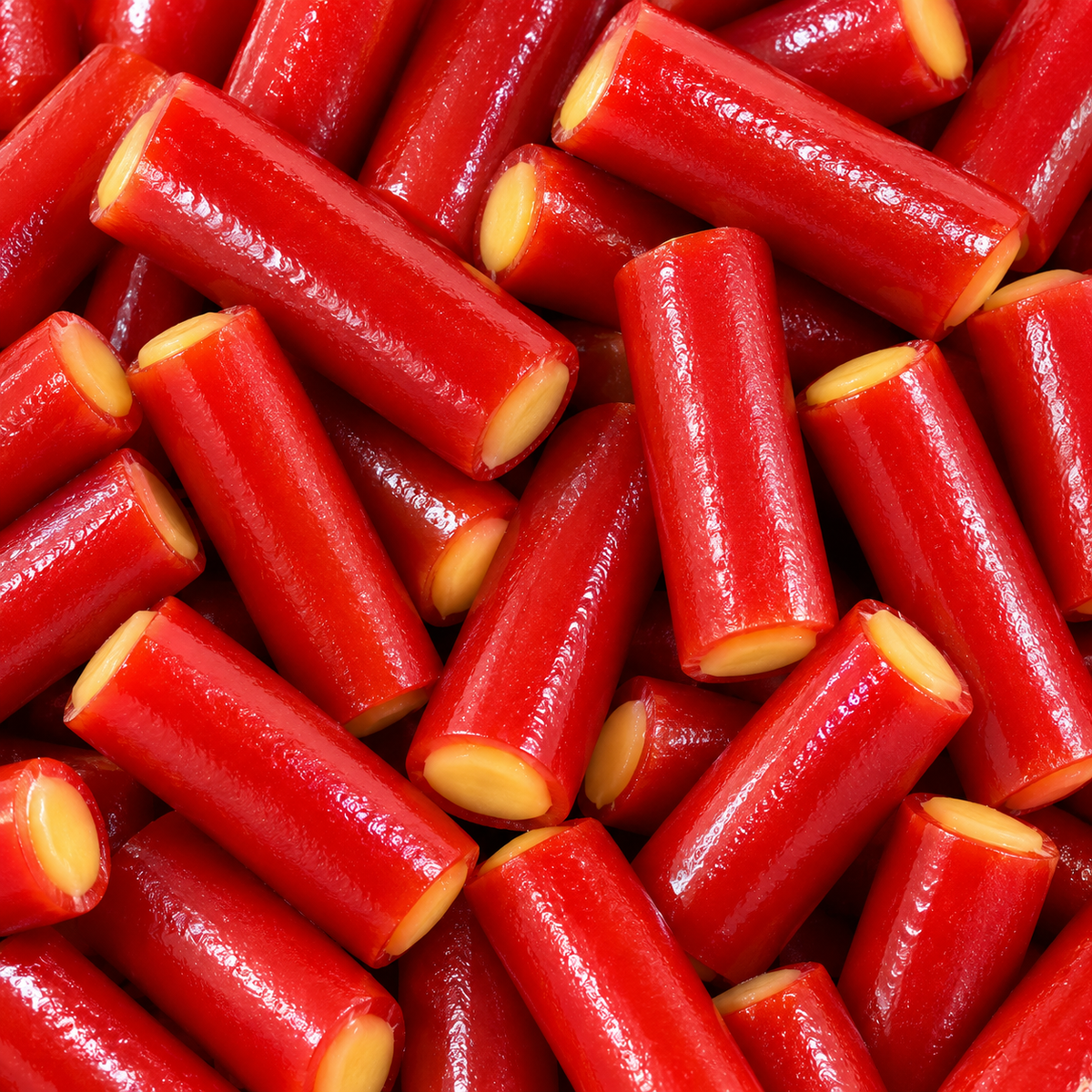 Close-up of custard-filled rhubarb bites candy