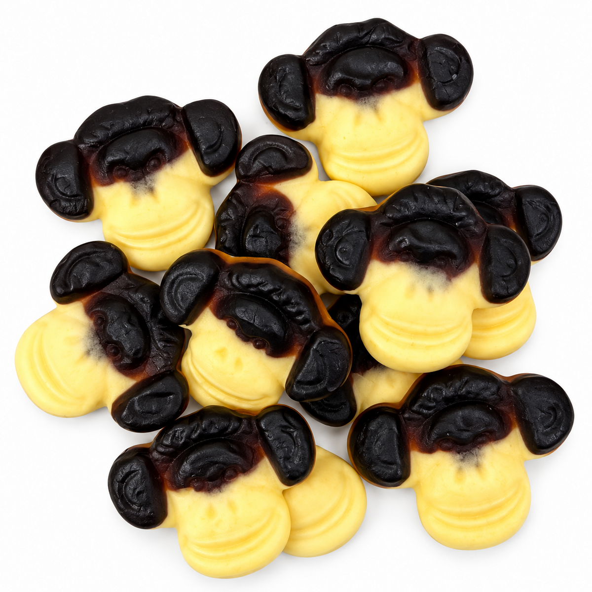 Katja Apekoppen banana licorice monkey head gummies on white background