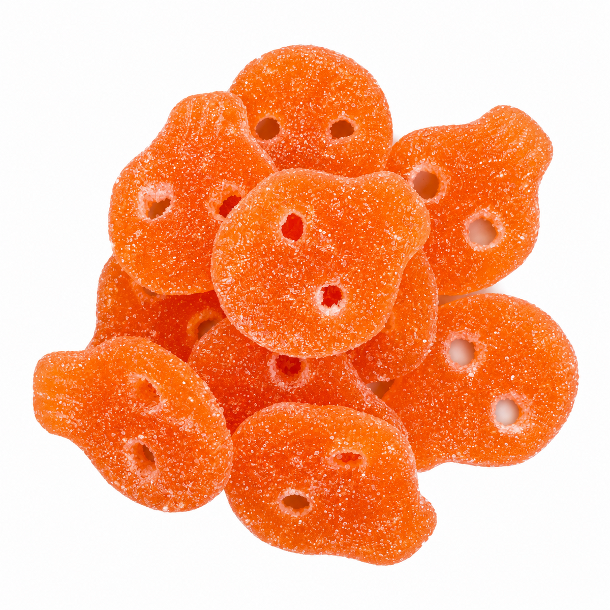 Mango Skulls sugar coated orange gummy candies on white