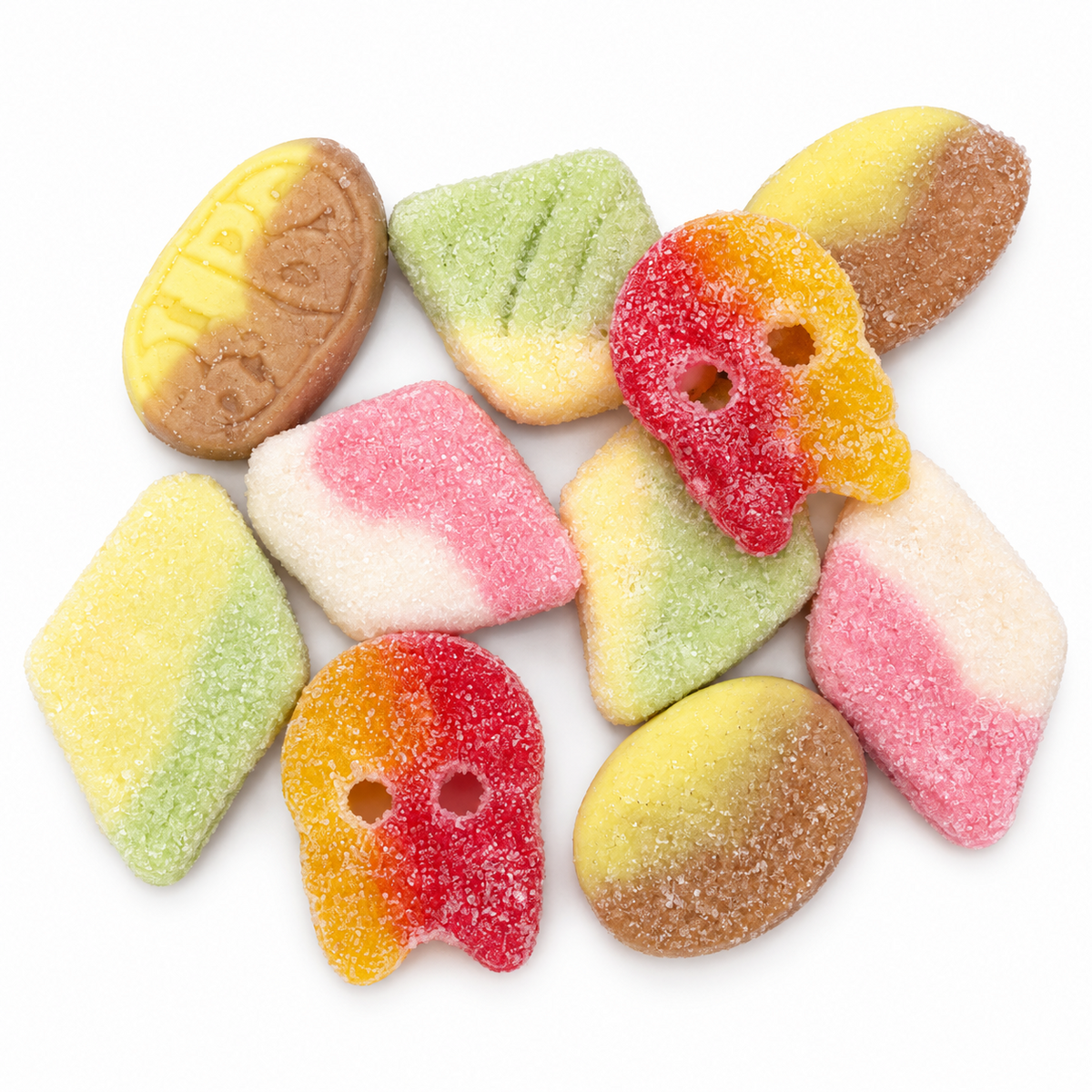 Mini Swedish Mix 70 g taster with assorted colorful sugar-coated gummies on a white background