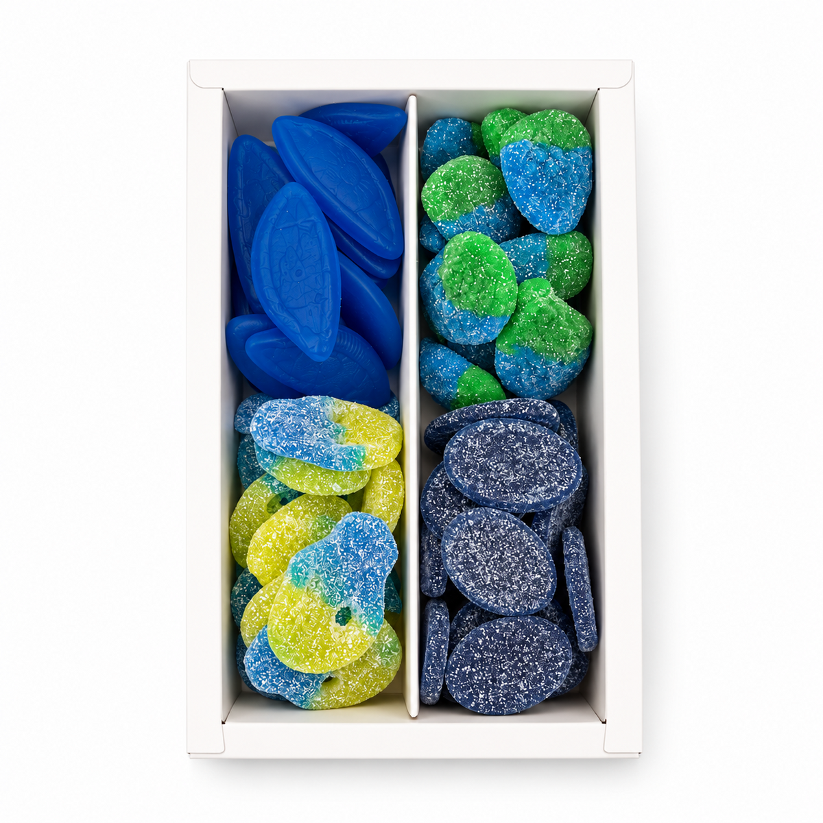 Nordic Blue Sampler top view with Swedish Blue Eyes, Wild Raspberries, S-Mark Blue Raspberry and Swedish Sour Skulls