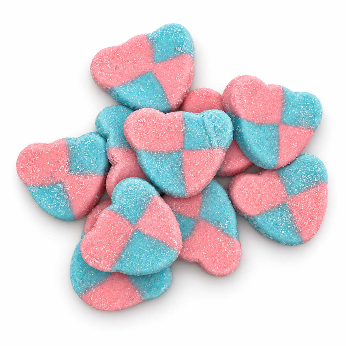 Sour Bears Blueberry & Strawberry pink-and-blue, sugar-coated bear-shaped candies on a clean white background