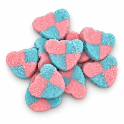 Sour Bears Blueberry & Strawberry pink-and-blue, sugar-coated bear-shaped candies on a clean white background