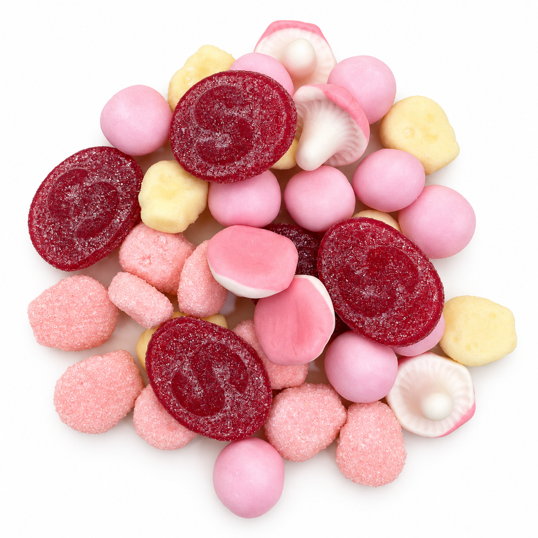 Sour Berry Blush Mix Swedish candy assortment on a white background
