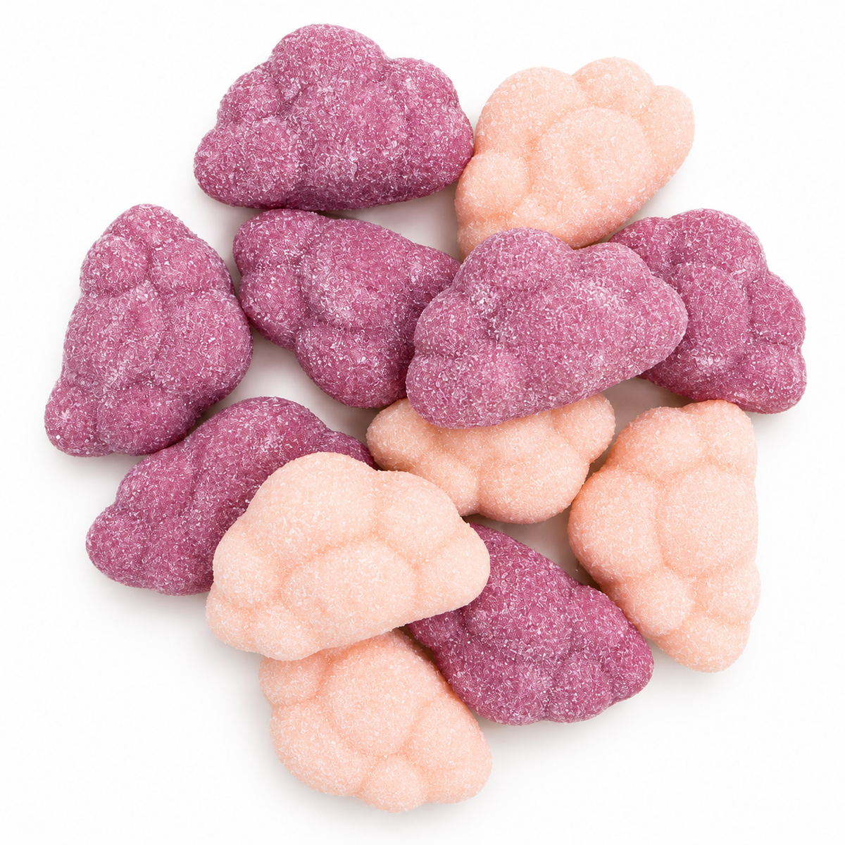 Strawberry and blueberry candy clouds 70 g taster on white background