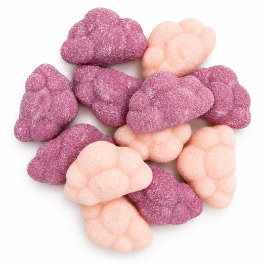 Strawberry and blueberry candy clouds 70 g taster on white background