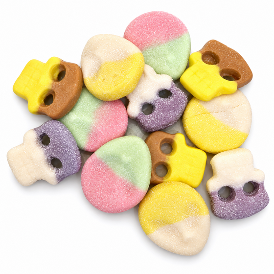 Swedish Alien Skull Mix candy pile on a white background