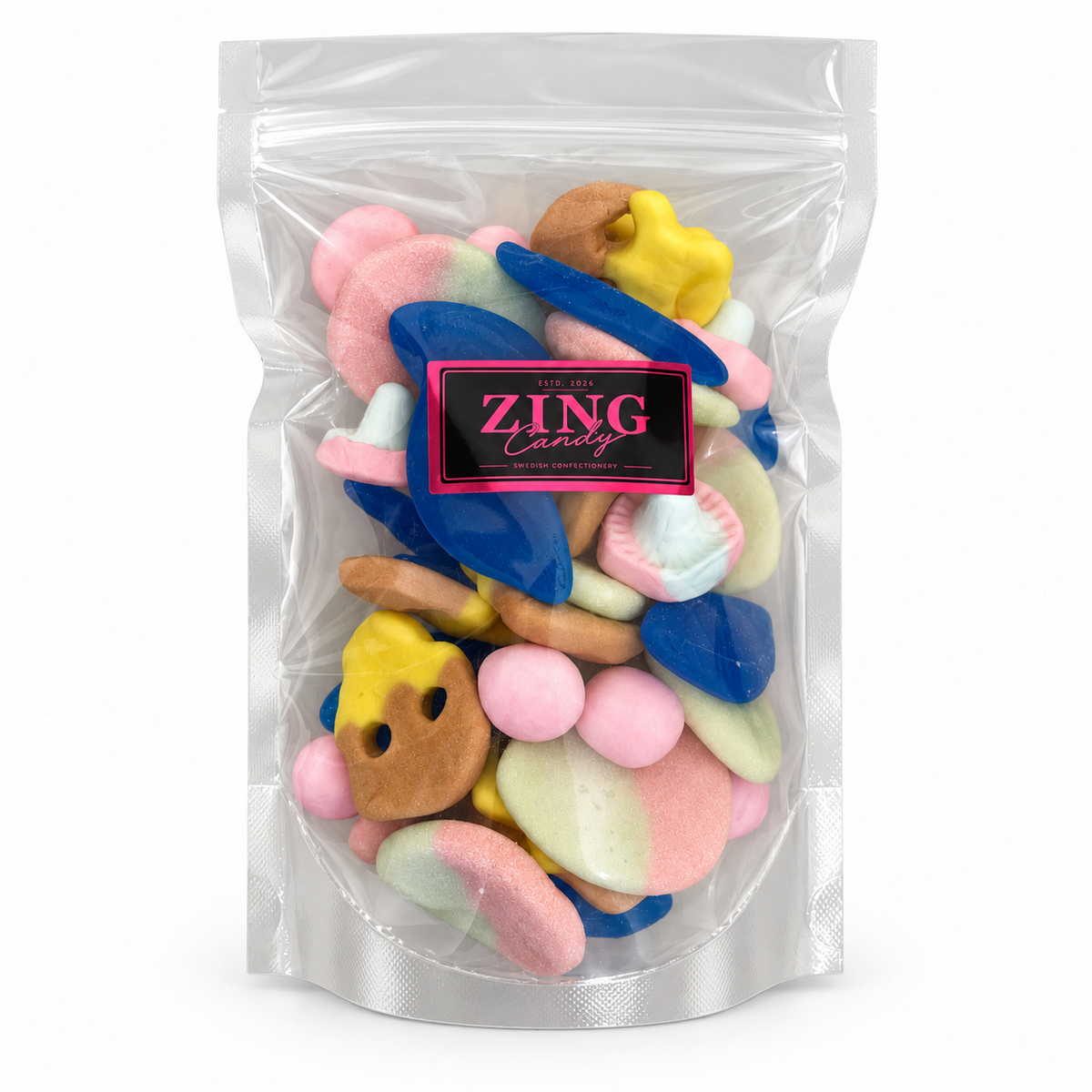 Swedish Candy Cloud Mix in ZingCandy pouch on white background