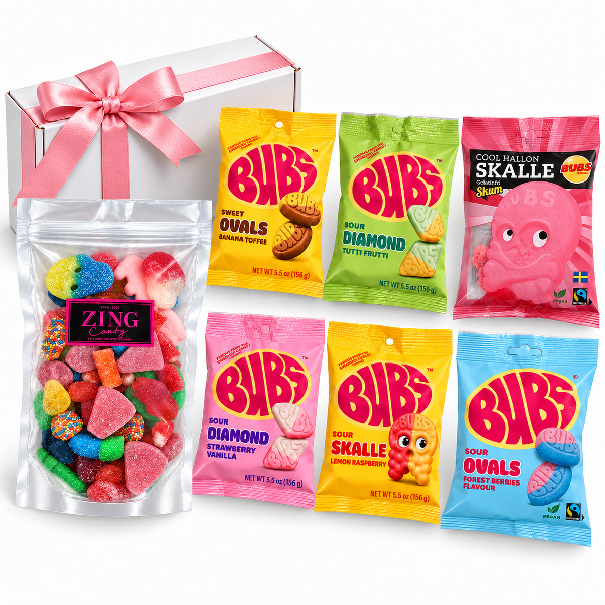 Swedish Candy Reserve Box contents arranged on a white background
