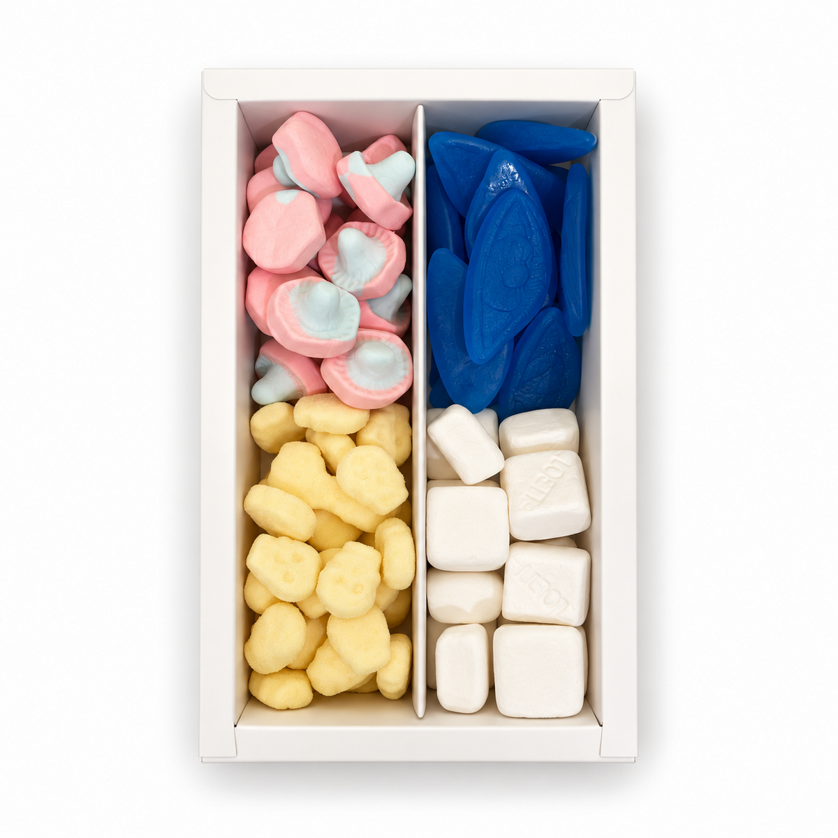 Swedish Candy Sampler top view with Swedish Blue Eyes, foam skulls, bubblegum mushrooms and Socker Bitar