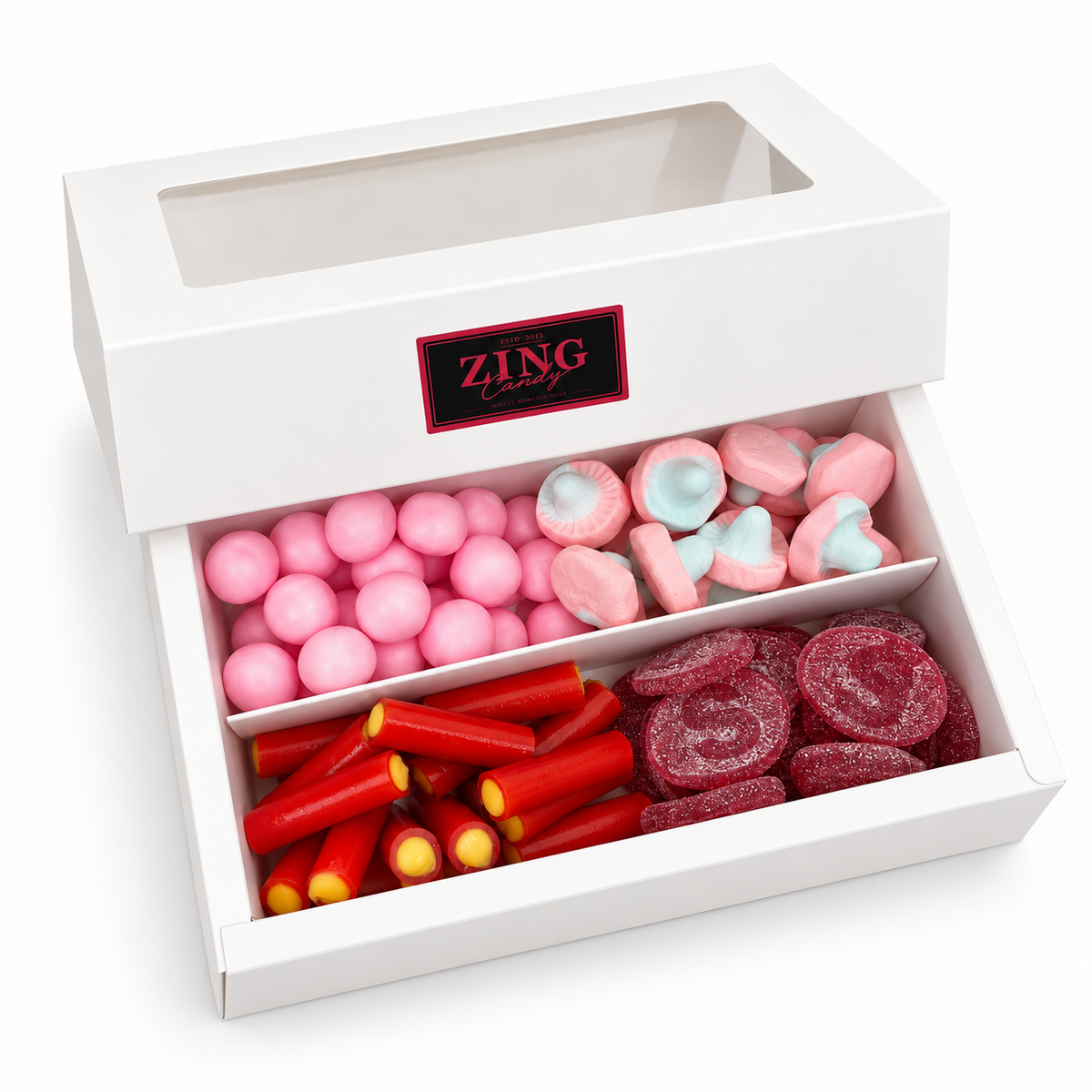 Swedish Saturday Sampler open gift box with four Swedish candies