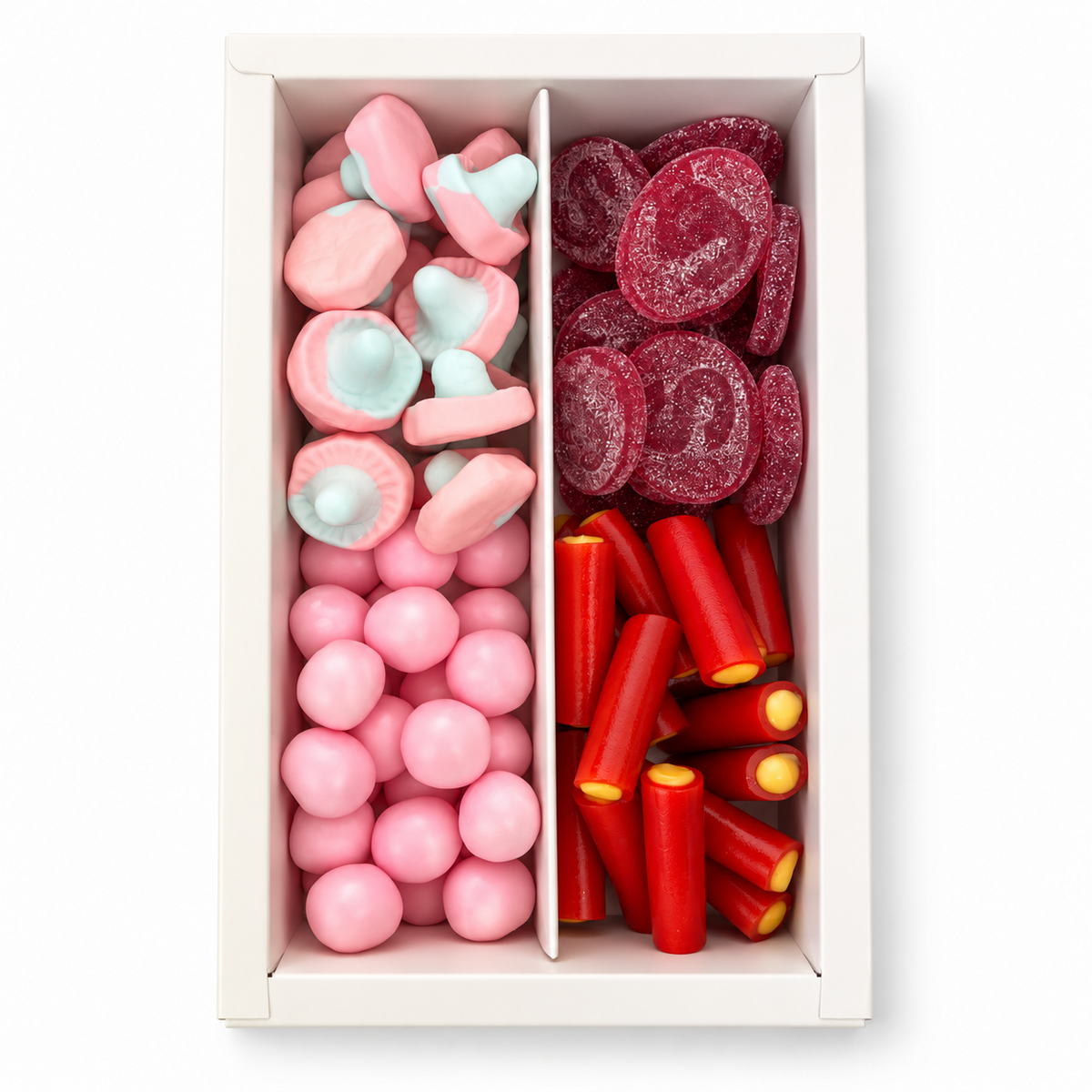 Swedish Saturday Sampler top view with strawberry bonbons, S-mark cherry, fizzy bubblegum foam mushrooms and rhubarb custard liquorice bites