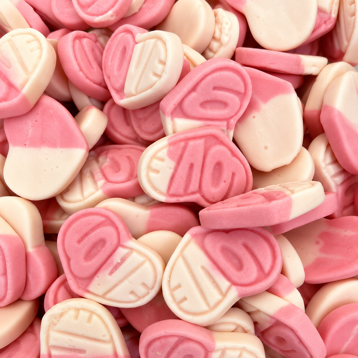 Close-up of Sweet Heart Strawberry & Vanilla candy showing its colour and texture