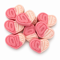 Sweet Heart Strawberry & Vanilla pink-and-cream LOVE-embossed heart-shaped candies on a clean white background