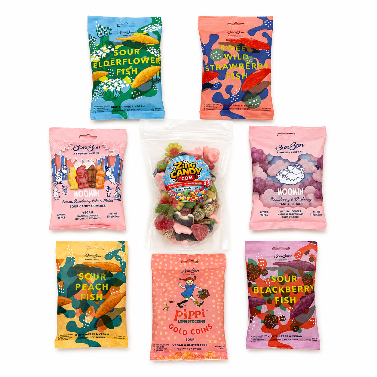 Seven BonBon Swedish candy bags and Zing Candy sour mix included in The BonBon Box