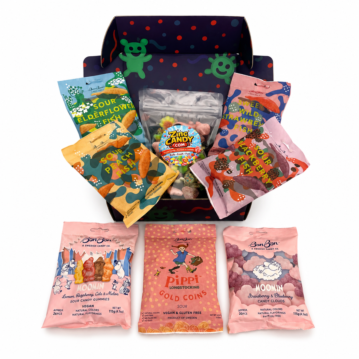 The BonBon Box Swedish candy gift set with seven BonBon bags and Zing Candy sour mix