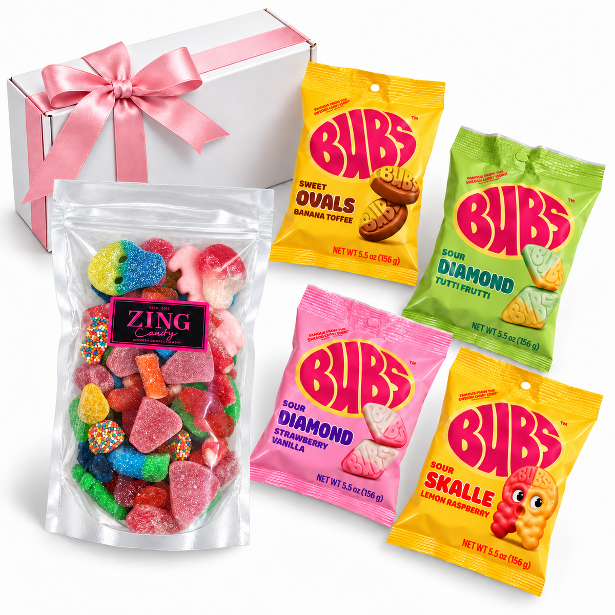 Ultimate Swedish Candy Box contents arranged on a white background