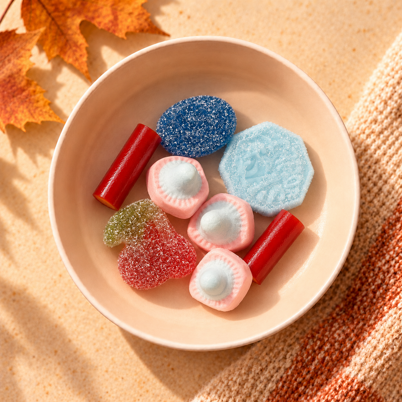 Swedish candy assortment in a blush bowl with subtle autumn leaves and warm knit fabric